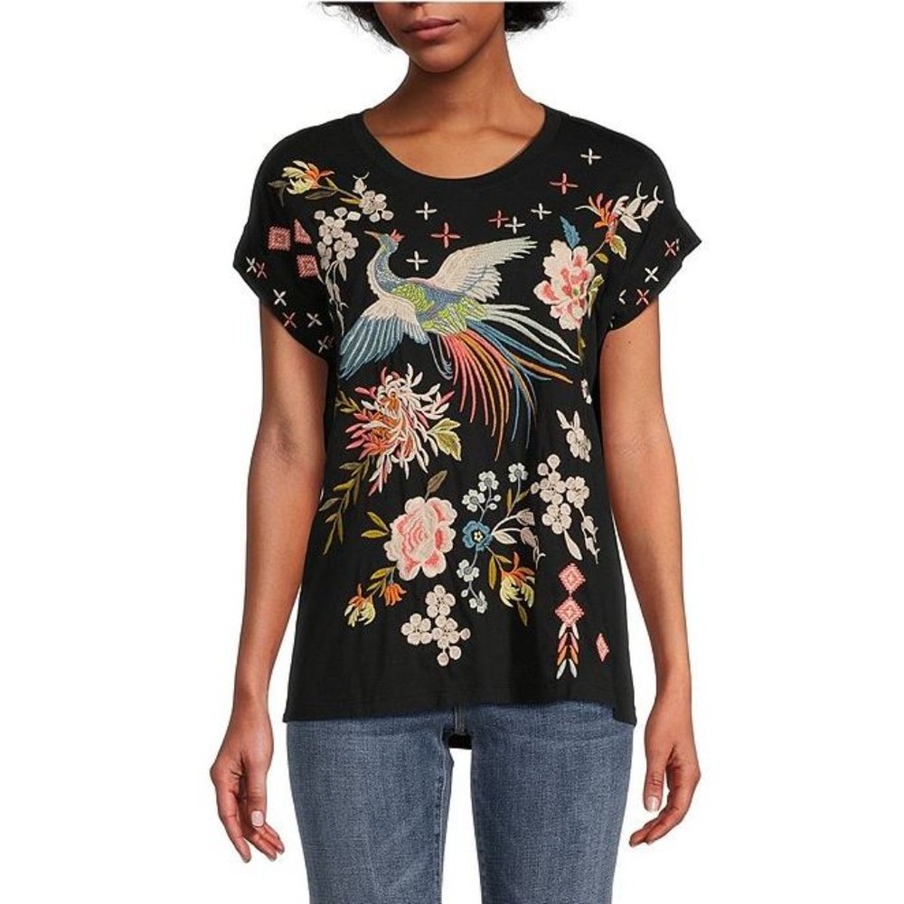 Johnny Was Ceretti Tee Special Black Floral Embroidery Cotton Shirt Top XL NEW